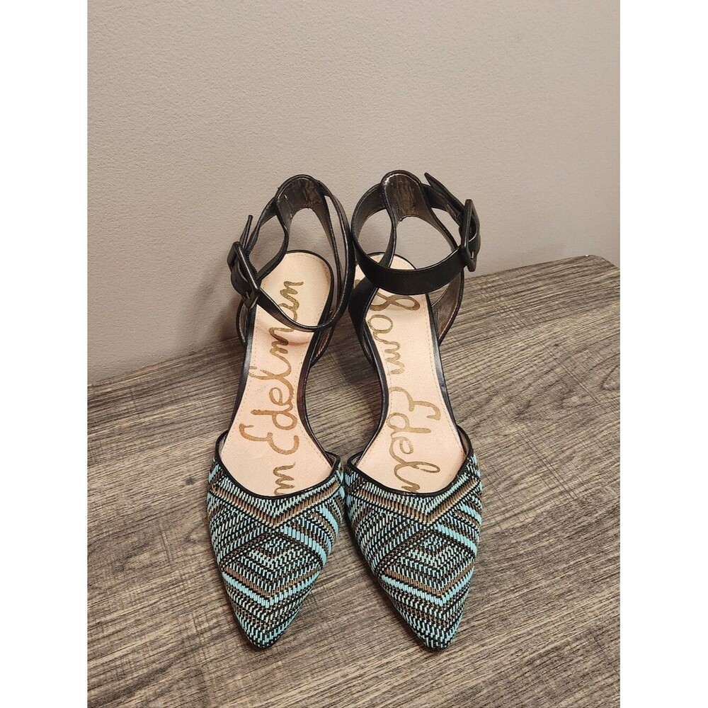 Sam Edelman Women’s Pointed Toe Ankle Strap Flats in Teal/Black Size 7M